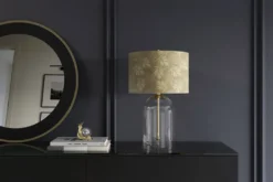Moderne Tischlampe CLASSICO 50cm transparent Glas weiß gold Leinenschirm