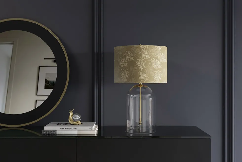 Moderne Tischlampe CLASSICO 50cm transparent Glas weiß gold Leinenschirm