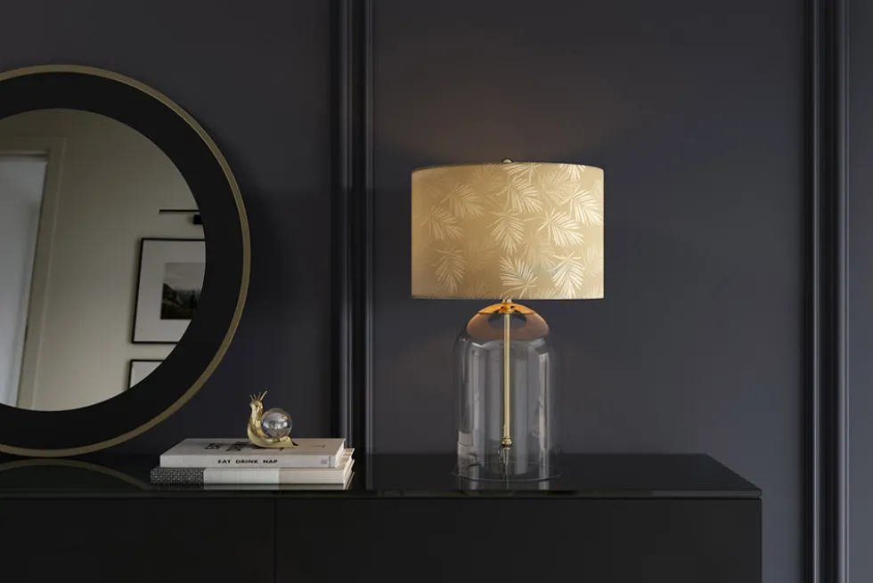 Moderne Tischlampe CLASSICO 50cm transparent Glas weiß gold Leinenschirm