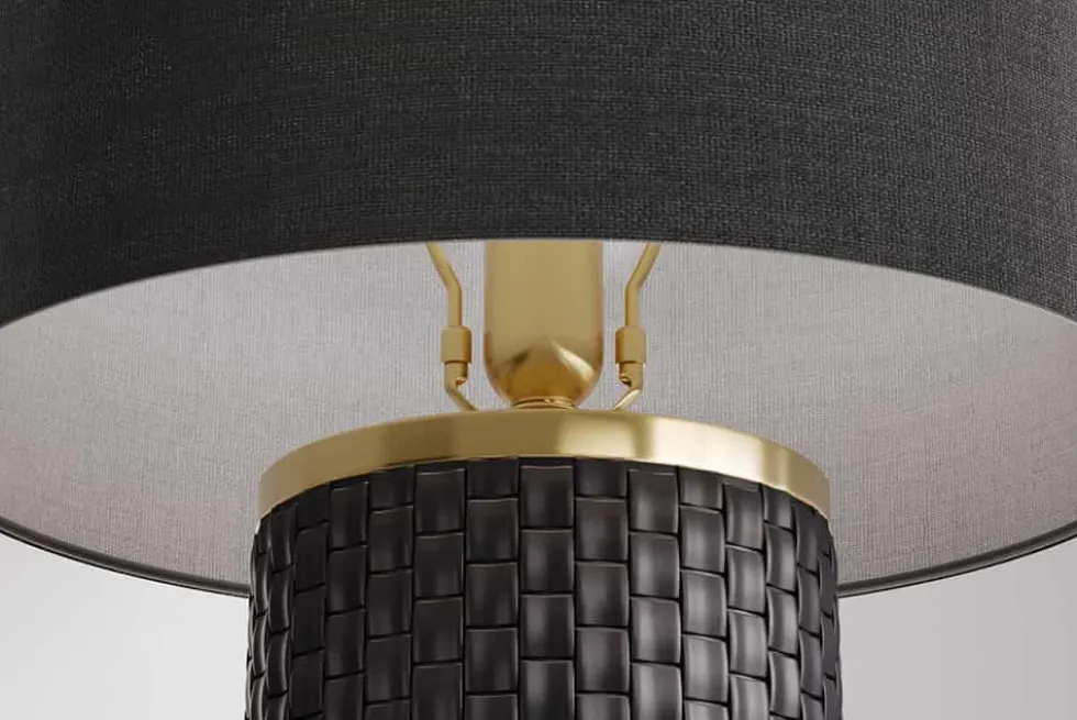 Moderne Tischlampe ELEGANCIA 70cm schwarz gold Keramik rund Stoffschirm