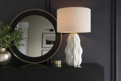 Moderne Tischlampe ELEGANCIA 65cm weiß gold Keramik weißer Leinenschirm