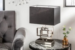Moderne Tischleuchte ATLANTIS 56cm silber Stoffschirm schwarz Marmor Lampe