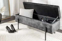 Moderne Truhenbank LOFT 100cm grau Samt Sitzbank mit Stauraum gespolstert schwarz Metall