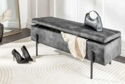 Moderne Truhenbank LOFT 100cm grau Samt Sitzbank mit Stauraum gespolstert schwarz Metall