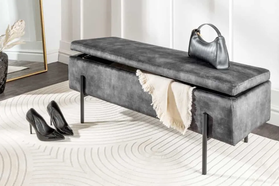 Moderne Truhenbank LOFT 100cm grau Samt Sitzbank mit Stauraum gespolstert schwarz Metall