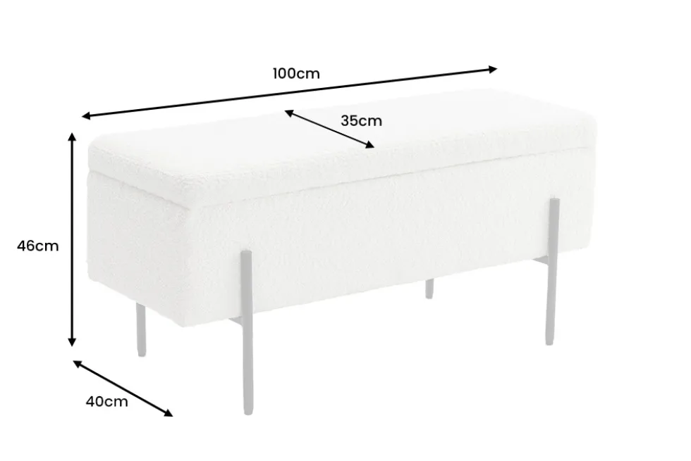 Moderne Truhenbank LOFT 100cm weiß Bouclé Sitzbank mit Stauraum gepolstert schwarz Metall