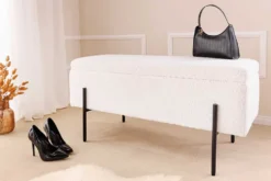 Moderne Truhenbank LOFT 100cm weiß Bouclé Sitzbank mit Stauraum gepolstert schwarz Metall
