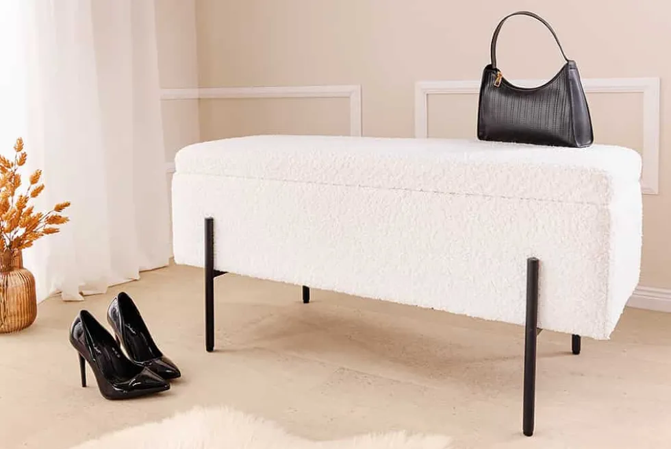 Moderne Truhenbank LOFT 100cm weiß Bouclé Sitzbank mit Stauraum gepolstert schwarz Metall