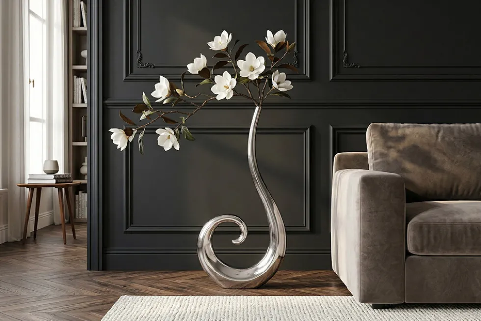 Moderne Vase WAVE XL 106cm silber Aluminium poliert Dekoration