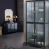 Moderne Vitrine AMSTERDAM 180cm schwarz gold Riffelglas Metall Highboard Schrank