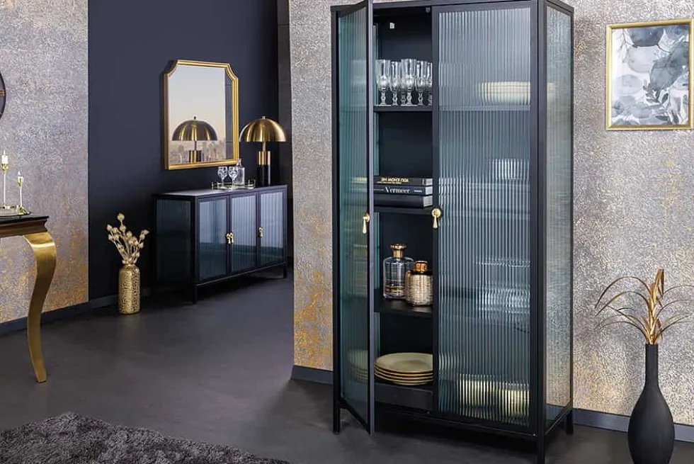 Moderne Vitrine AMSTERDAM 160cm schwarz gold Riffelglas Metall Highboard Schrank