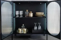 Moderne Vitrine PARIS 110cm schwarz gold Riffelglas Metall Sideboard Schrank