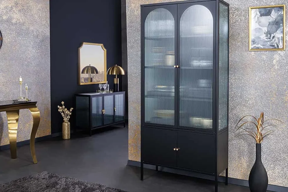 Moderne Vitrine PARIS 180cm schwarz gold Riffelglas Metall Highboard Schrank