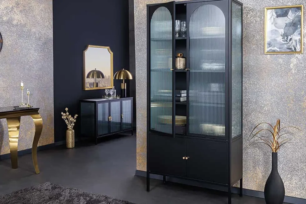 Moderne Vitrine PARIS 180cm schwarz gold Riffelglas Metall Highboard Schrank