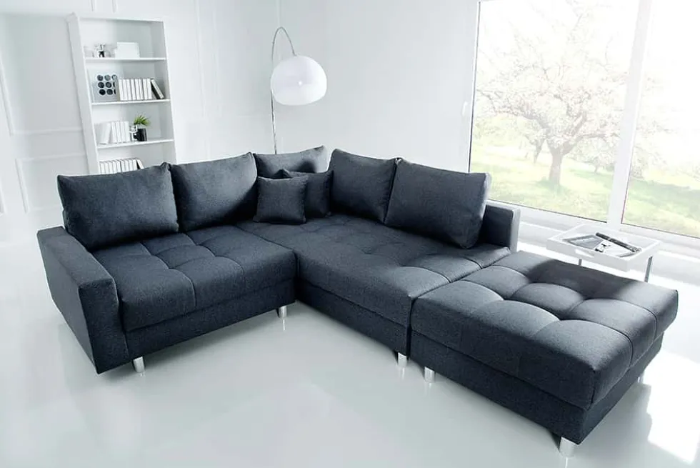 Moderne Wohnlandschaft KENT 220cm anthrazit Ecksofa Federkern inkl. Hocker und Kissen