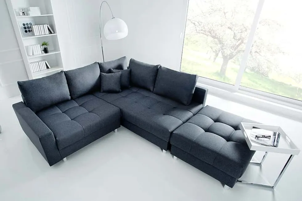 Moderne Wohnlandschaft KENT 220cm anthrazit Ecksofa Federkern inkl. Hocker und Kissen
