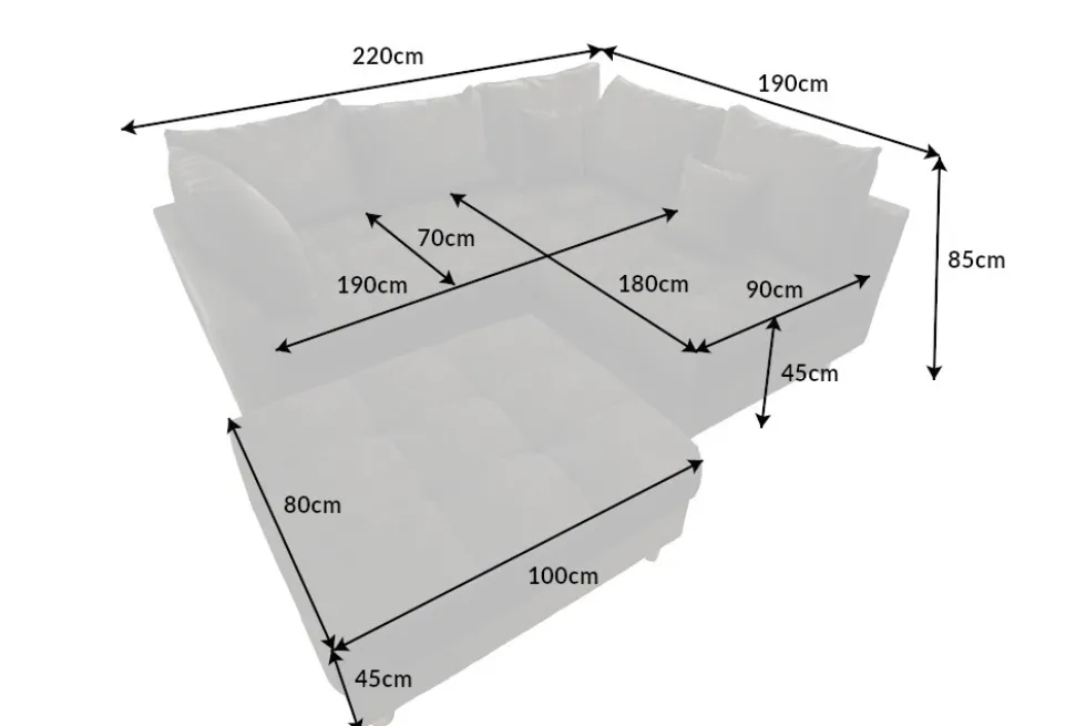 Moderne Wohnlandschaft KENT 220cm grau Samt Ecksofa Federkern inkl. Hocker und Kissen
