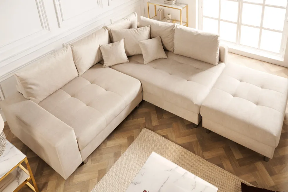 Moderne Wohnlandschaft KENT 220cm champagner beige Vogue Velours Samt Federkern mit Hocker