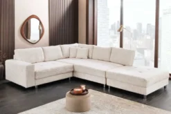 Moderne Wohnlandschaft KENT 220cm champagner beige Strickstoff Ecksofa inkl. Hocker