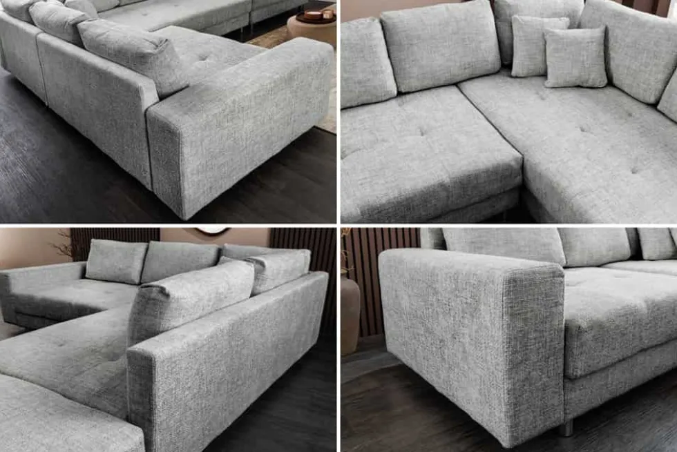 Moderne Wohnlandschaft KENT 220cm grau Strickstoff Ecksofa inkl. Hocker und Kissen