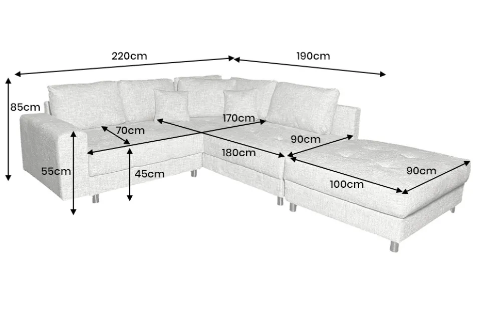 Moderne Wohnlandschaft KENT 220cm grau Strickstoff Ecksofa inkl. Hocker und Kissen