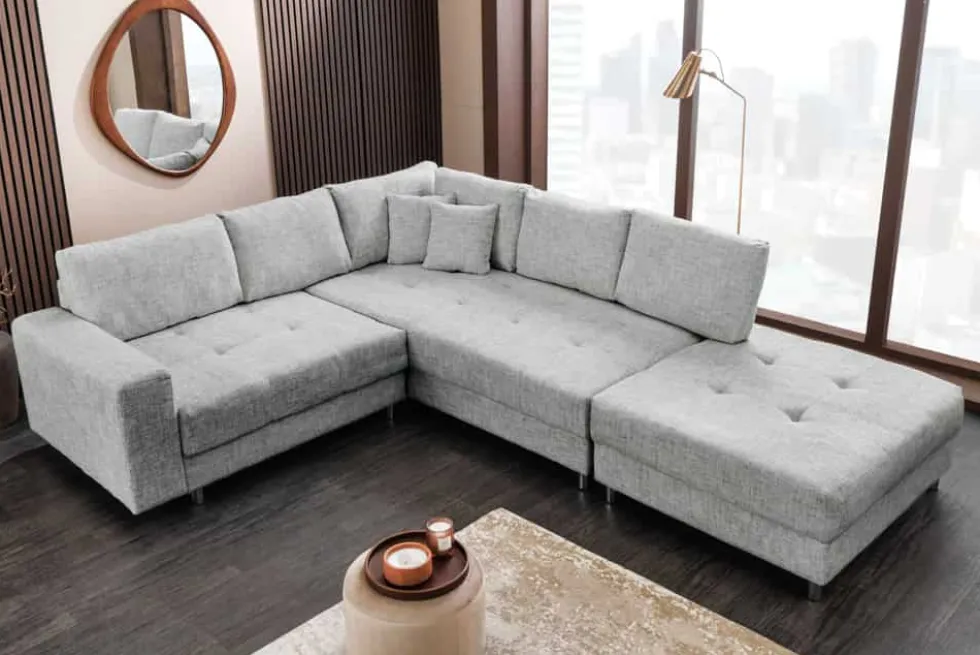 Moderne Wohnlandschaft KENT 220cm grau Strickstoff Ecksofa inkl. Hocker und Kissen