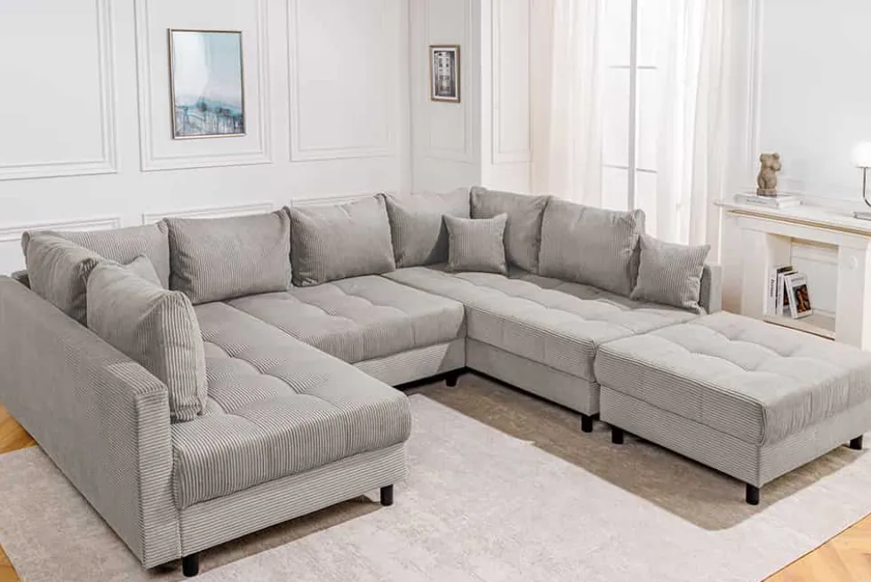 Moderne XXL Wohnlandschaft KENT 305cm greige Cord Bigsofa inkl. Hocker Federkern