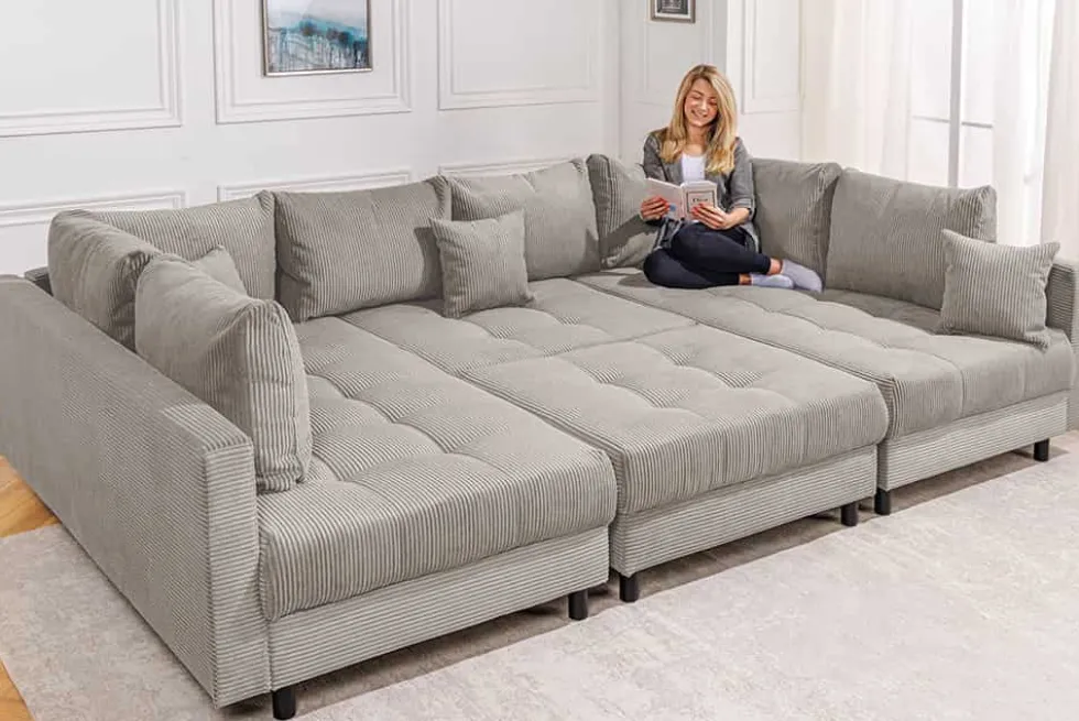 Moderne XXL Wohnlandschaft KENT 305cm greige Cord Bigsofa inkl. Hocker Federkern
