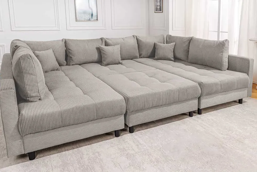 Moderne XXL Wohnlandschaft KENT 305cm greige Cord Bigsofa inkl. Hocker Federkern