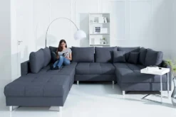 Moderne XXL Wohnlandschaft KENT 305cm anthrazit Federkern Bigsofa inkl. Hocker
