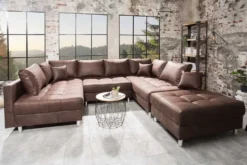 Moderne XXL Wohnlandschaft KENT 305cm antik braun Federkern Bigsofa inkl. Hocker