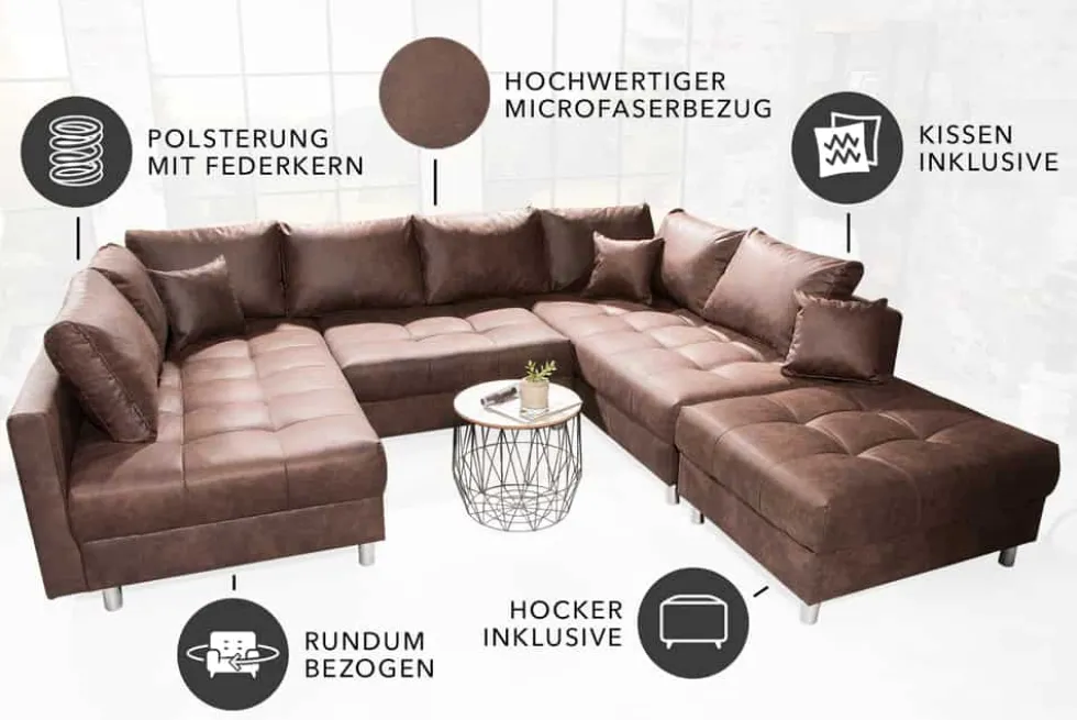 Moderne XXL Wohnlandschaft KENT 305cm antik braun Federkern Bigsofa inkl. Hocker