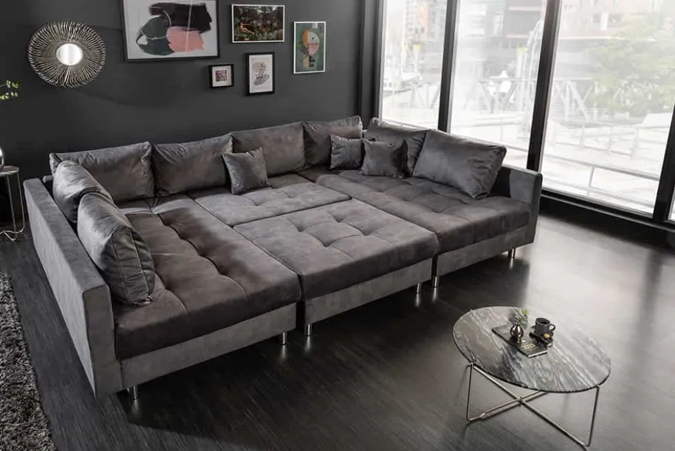Moderne XXL Wohnlandschaft KENT 305cm grau Samt Bigsofa inkl. Hocker Federkern