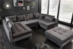 Moderne XXL Wohnlandschaft KENT 305cm grau Samt Bigsofa inkl. Hocker Federkern