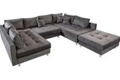 Moderne XXL Wohnlandschaft KENT 305cm grau Samt Bigsofa inkl. Hocker Federkern