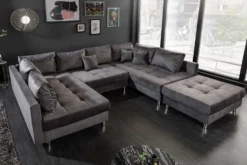 Moderne XXL Wohnlandschaft KENT 305cm grau Samt Bigsofa inkl. Hocker Federkern