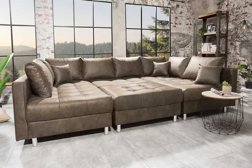 Moderne XXL Wohnlandschaft KENT 305cm taupe Federkern Bigsofa inkl. Hocker