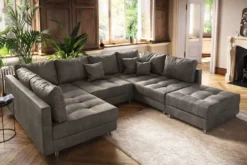Moderne XXL Wohnlandschaft KENT 305cm taupe Federkern Bigsofa inkl. Hocker