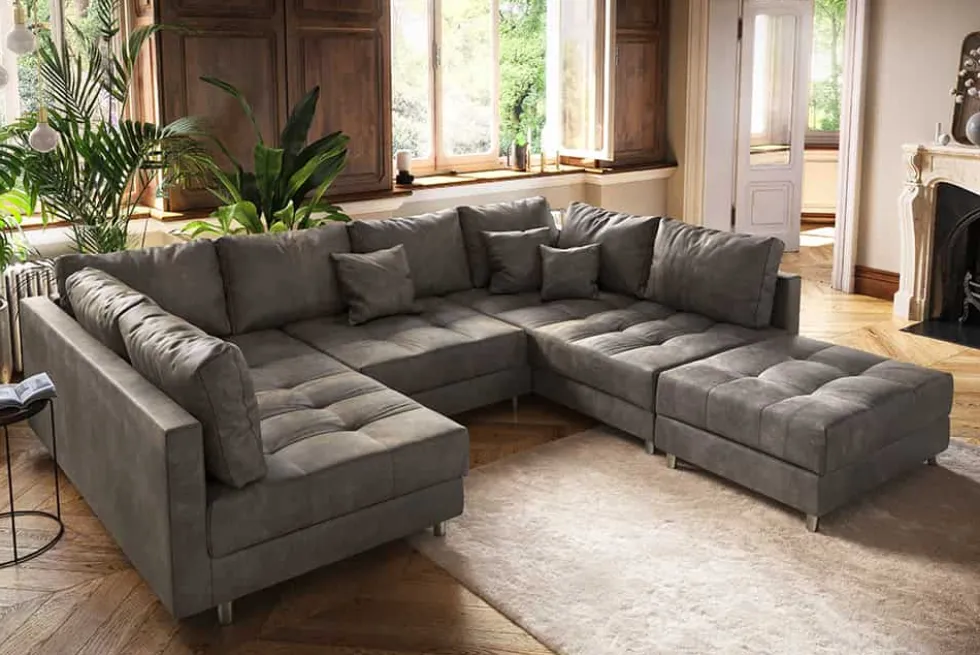 Moderne XXL Wohnlandschaft KENT 305cm taupe Federkern Bigsofa inkl. Hocker