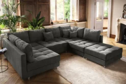 Moderne XXL Wohnlandschaft KENT 305cm anthrazit Cord Bigsofa inkl. Hocker Federkern