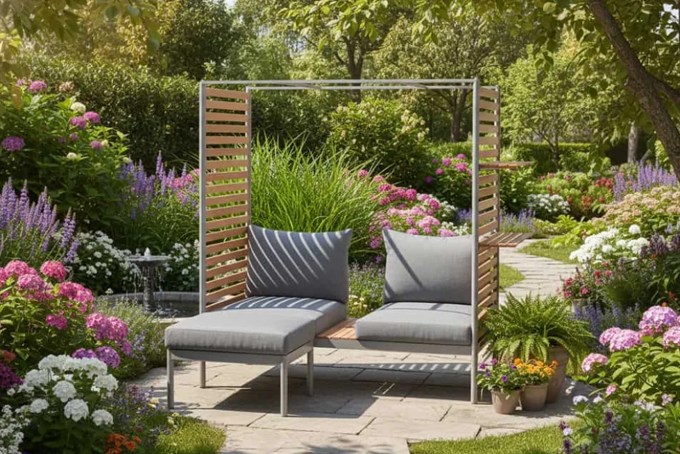 Outdoor Balkonlounge 2-Sitzer COCOONING anthrazit Aluminium Holz mit Hocker wetterfest