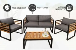 Outdoor Garten-Sitzgruppe PURE grau natur Akazie schwarz Metall inkl. Tisch Sitzpolster