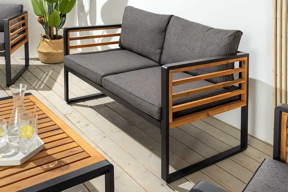 Outdoor Garten-Sitzgruppe PURE grau natur Akazie schwarz Metall inkl. Tisch Sitzpolster