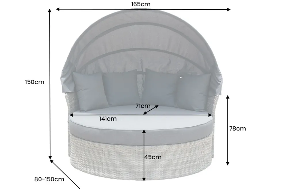 Outdoor Sonneninsel PLAYA LIVING 165cm hellgrau Polyrattan Aluminium inklusive Kissen wetterfest