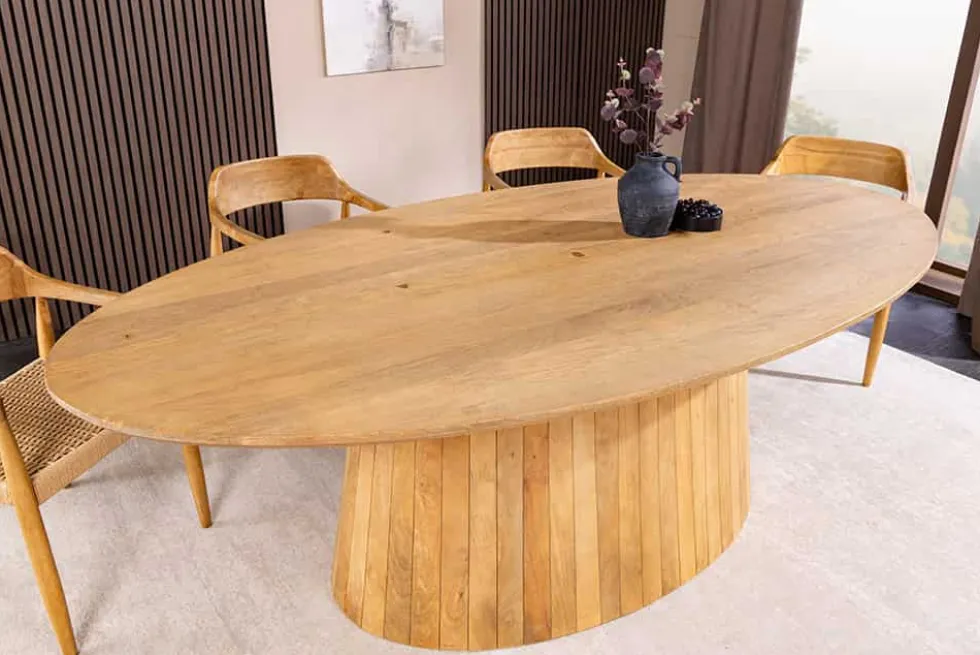 Ovaler Esstisch ART DECO 220cm beige massives Mangoholz cream finish mit Säulenfuß