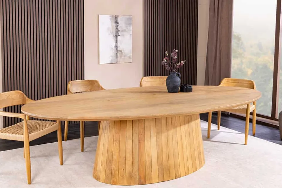 Ovaler Esstisch ART DECO 220cm beige massives Mangoholz cream finish mit Säulenfuß
