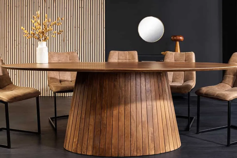 Ovaler Esstisch ART DECO 220cm braun smoked massives Mangoholz mit Säulenfuß