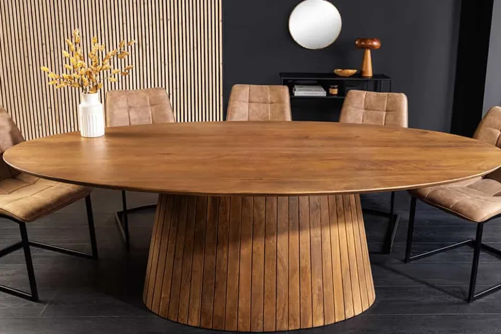 Ovaler Esstisch ART DECO 220cm braun smoked massives Mangoholz mit Säulenfuß