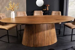 Ovaler Esstisch ART DECO 220cm braun smoked massives Mangoholz mit Säulenfuß