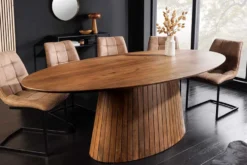 Ovaler Esstisch ART DECO 220cm braun smoked massives Mangoholz mit Säulenfuß